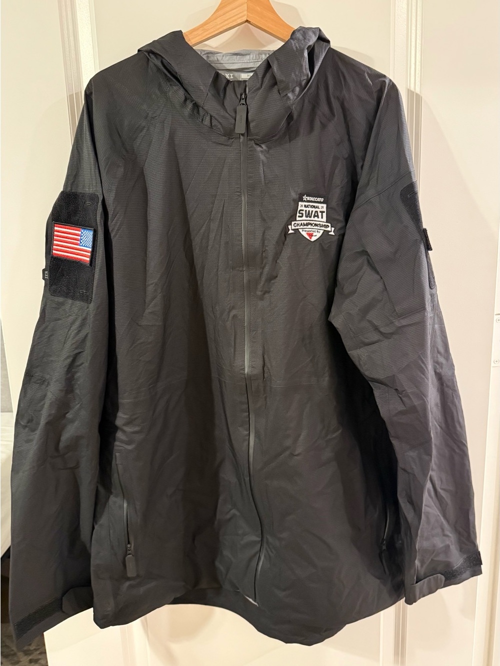 Men’s Staccato SWAT Championship Black Windbreaker Zip Up Jacket with Patches XL